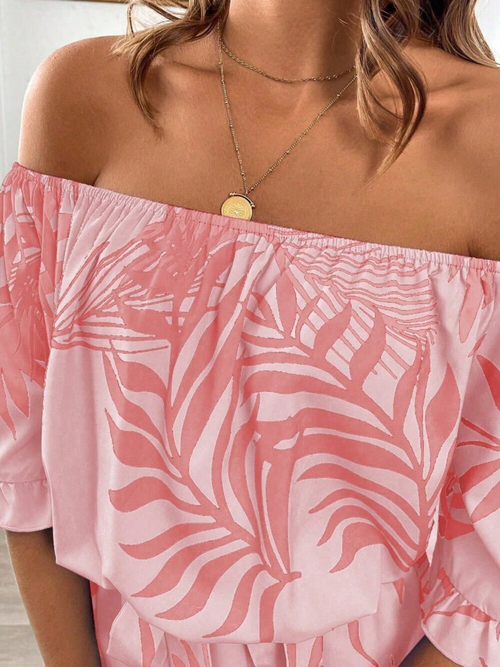 Pink Casual Women's Hawaiian Style Ruffled Off Shoulder Romper - Picture 6 of 6